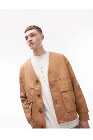 Topman Oversized cardigan with nylon pockets in stone