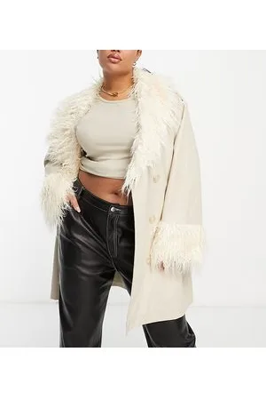 Urban Code Urban Code Plus pu trench coat with faux shaggy fur collar in cream