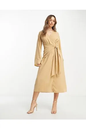 Pretty Lavish Wrap midi shirt dress in camel