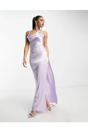 First Distraction The label statement one shoulder satin maxi dress in lilac