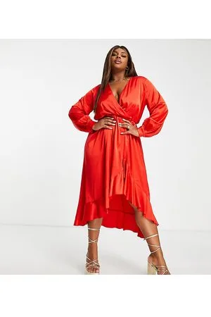 In The Style Exclusive satin wrap detail volume sleeve midi dress with ruffle hem detail in