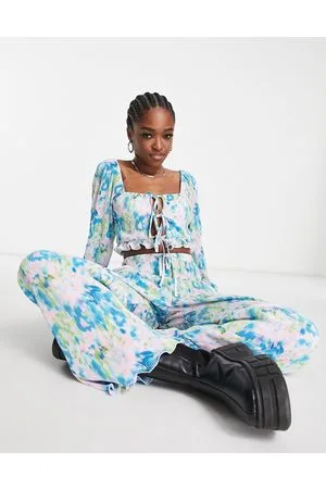 The Frolic Plisse wide leg trouser co-ord in blue washed floral