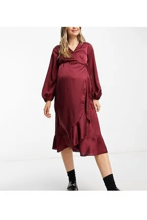 New Look Satin wrap midi dress in burgundy