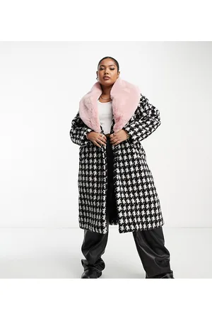 Urban Code Urban Code Plus longline houndstooth overcoat with pink faux fur collar
