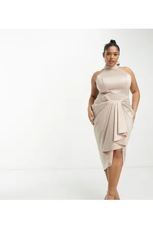 Lavish Alice Satin halterneck drape detail midi dress in champagne