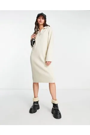 Monki Knitted polo collar midi dress in cream