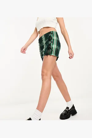 COLLUSION Gathered lace up mini skirt in green check co-ord