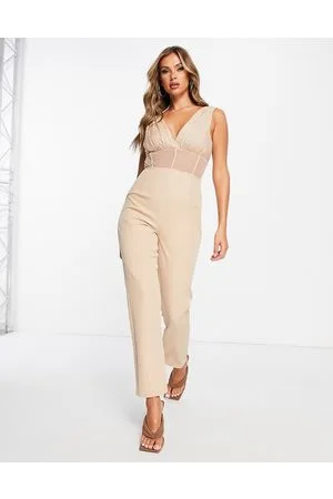 ASOS Scuba corset jumpsuit with mesh detail in blush