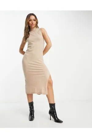 MANGO Side split midi dress in beige