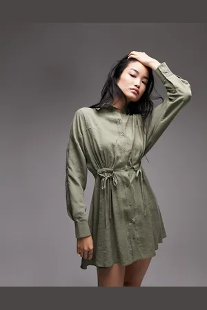 Topshop Contrast stitch tie side shirt dress in khaki