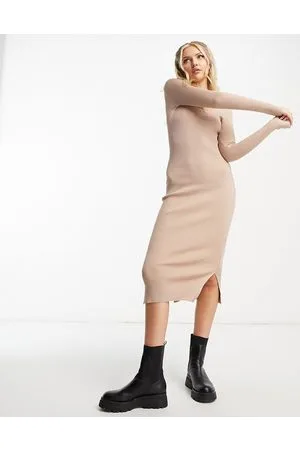 New Look Ribbed midi dress with side split in camel