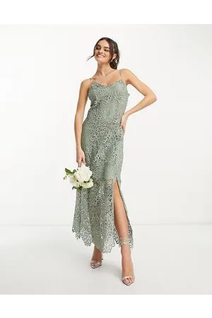 Y.A.S Bridesmaid embroidered strappy pencil midi dress in sage
