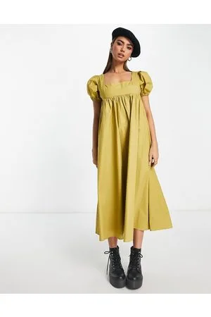 Glamorous Square neck puff sleeve midi smock dress in olive khaki