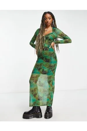 COLLUSION Printed long sleeve cup detail maxi dress in