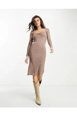 MANGO Long sleeve square neck ribbed midi dress in