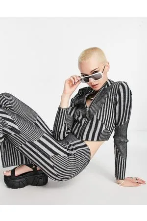 The Ragged Priest Knitted mixed stripe long sleeve top co-ord in grey