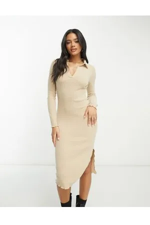 I saw it first Knitted collar detail midi dress in oatmeal