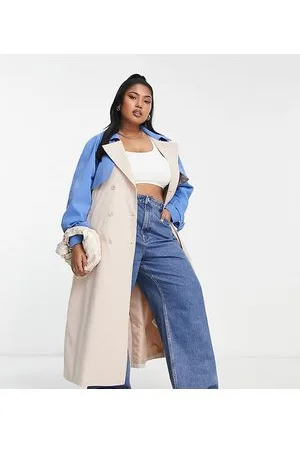 Something New X Madeleine Pedersen colour block mix trench coat in cream and blue