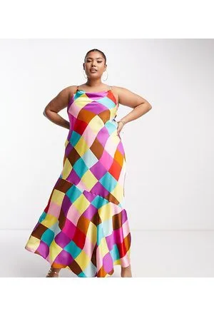 Something New Satin slip dress in check print