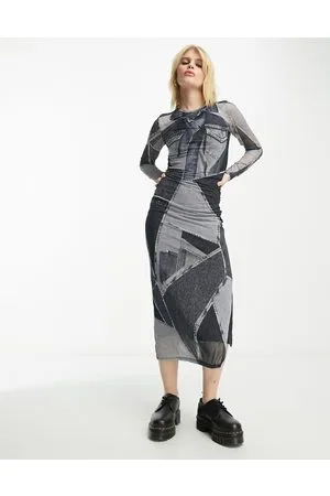 Bershka Denim patchwork mesh midaxi dress in dark