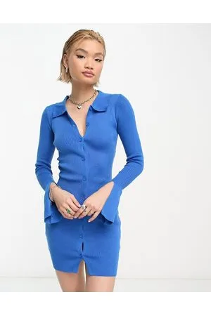 Heartbreak Ribbed button through mini dress in cobalt