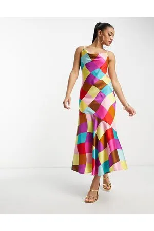 Something New Satin slip dress in check print