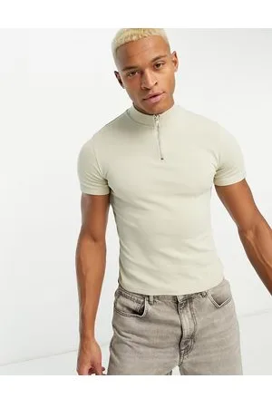 ASOS Muscle fit t-shirt with bomber neckline in stone