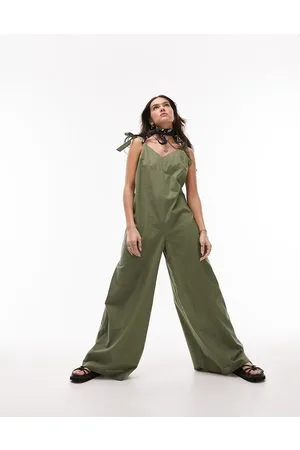 Topshop Linen-look tie shoulder beach jumpsuit in khaki