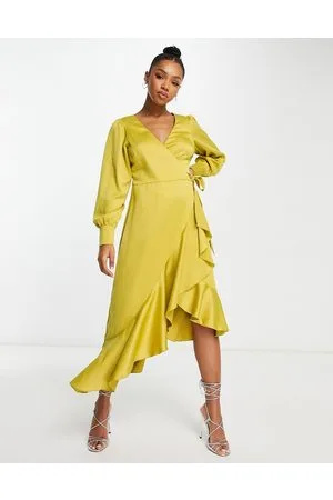 Style Cheat Ruffle wrap midi dress in chartreuse
