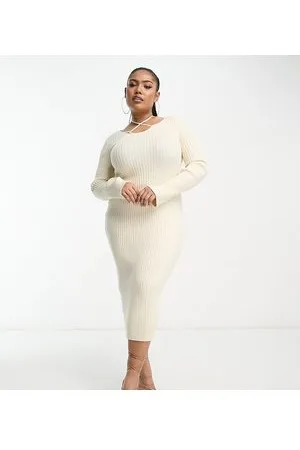 In The Style Knitted ribbed strappy neck midi dress in cream