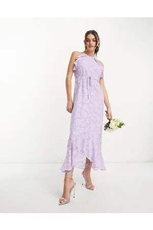 Y.A.S Bridesmaid textured halter neck maxi dress with drape ruffle in lilac