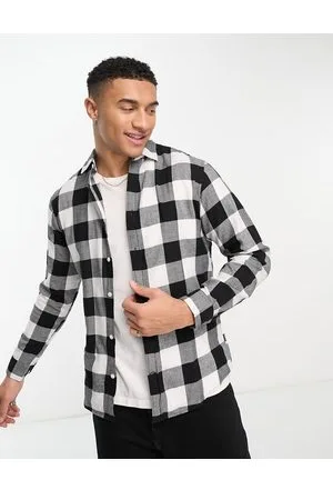 JACK & JONES Essentials flannel buffalo check shirt in black &