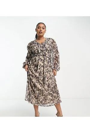 In The Style Chiffon twist detail midi dress with volume sleeves in leopard print