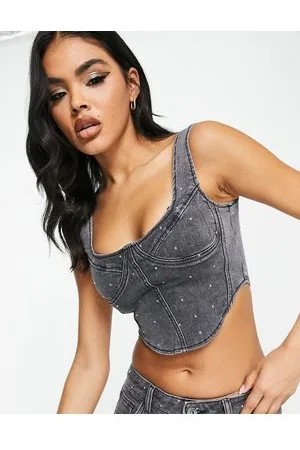 FAE Denim corset top co-ord with all over diamante embellishment in acid denim