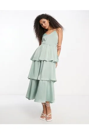 Y.A.S Bridesmaid tiered strappy midi dress in sage
