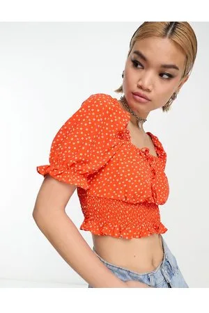 Glamorous Shirred milkmaid blouse in red orange daisy