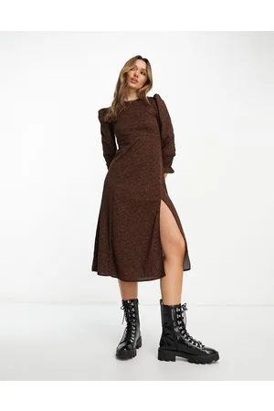 MANGO A-line long sleeve midi dress with side split in burgundy spot