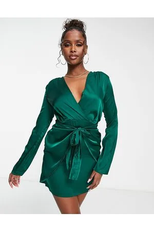 NaaNaa Satin mini long sleeve ruffle dress in emerald