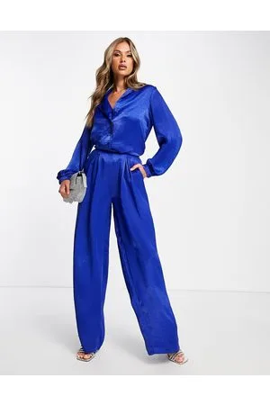 First Distraction The Label high waisted satin wide leg trousers in cobalt