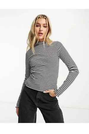 Monki Lettuce edge long sleeve top in black and white stripe