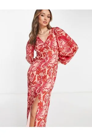Pretty Lavish Balloon sleeve button midaxi dress in red and floral
