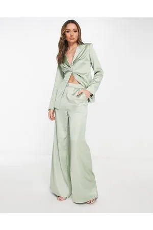 Extro & Vert Bridesmaid pleated satin wide leg trousers with heart jewel button co-ord