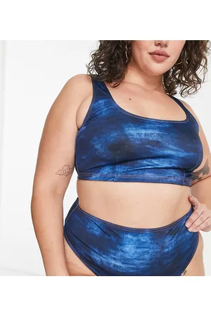 ASOS ASOS DESIGN Curve deep band high leg high waist bikini bottom in blue tie dye print