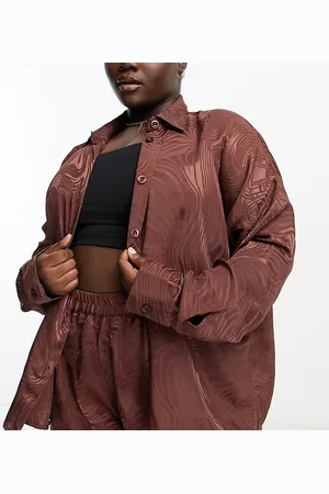 Heartbreak Plus Oversized satin jacquard shirt co-ord in chocolate