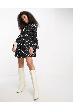 River Island Pleated long sleeve mini dress in polka dot
