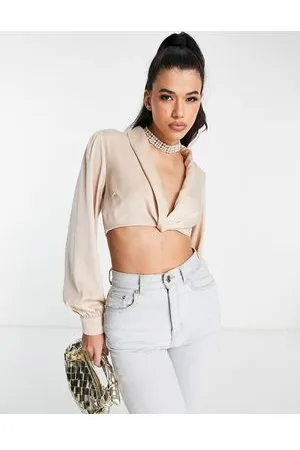 NaaNaa Satin plunge neck cropped blouse in champange