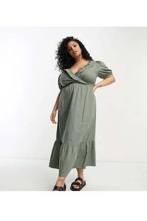 River Island Frill front poplin midi dress in khaki