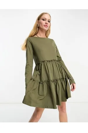 River Island Long sleeved tiered smock mini dress in khaki