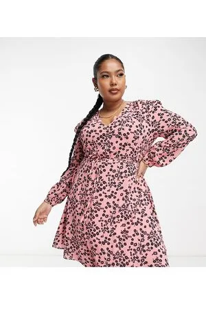 Glamorous V neck tie waist long sleeve mini dress in pink black daisy
