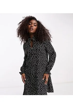 JDY Exclusive tie neck mini smock dress in & ecru floral